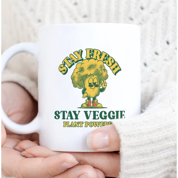 Stay Fresh Stay Veggie Plant Powered Mug, Vegetarian Mug, Vegan Coffee Cup, Ceramic Mug 11oz