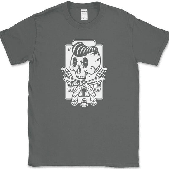 Stay Fresh T-Shirt Funny Trendy Barber Shop Razor Graphic Humor Tee - Charcoal, 4XL