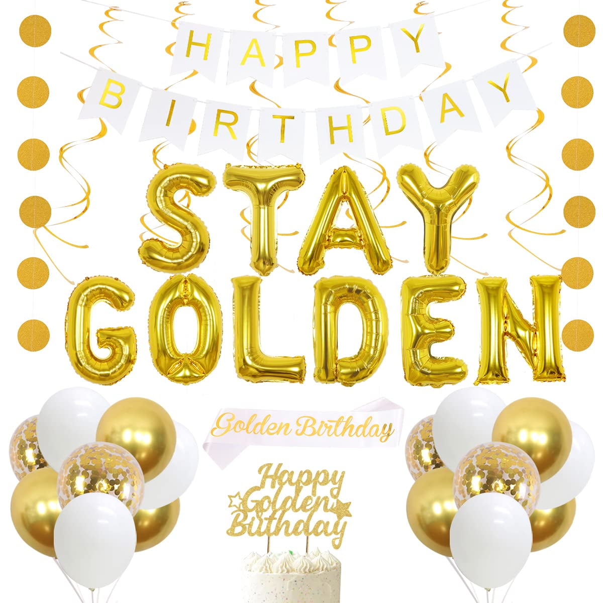 32-Piece Golden Birthday Party Decorations Kit - Glitter Banner, Swirls, Balloons & Cake Toppers