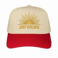 thumbnail image 1 of Stay Golden Embroidered Trucker Hat, Retro Style Sun Graphic Baseball Cap for Women and Men, Adjustable Snapback for Outdoor Adventures and Casual Outfits, 1 of 5
