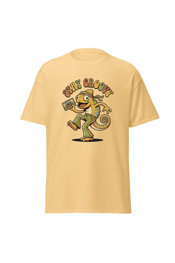 Stay Groovy Chameleon T‑Shirt | Retro Cartoon Lizard Graphic Tee | Vintage Music Vibes | Funky 70s Style Shirt | Gildan 5000