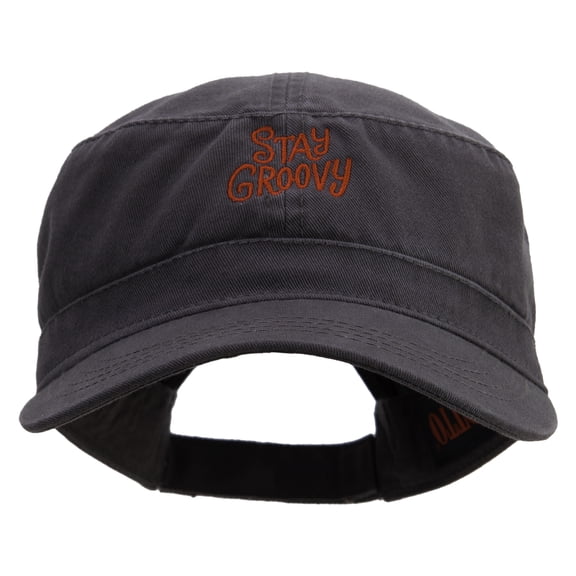 Stay Groovy Embroidered Garment Washed Adjustable Army Cap - Charcoal Grey OSFM