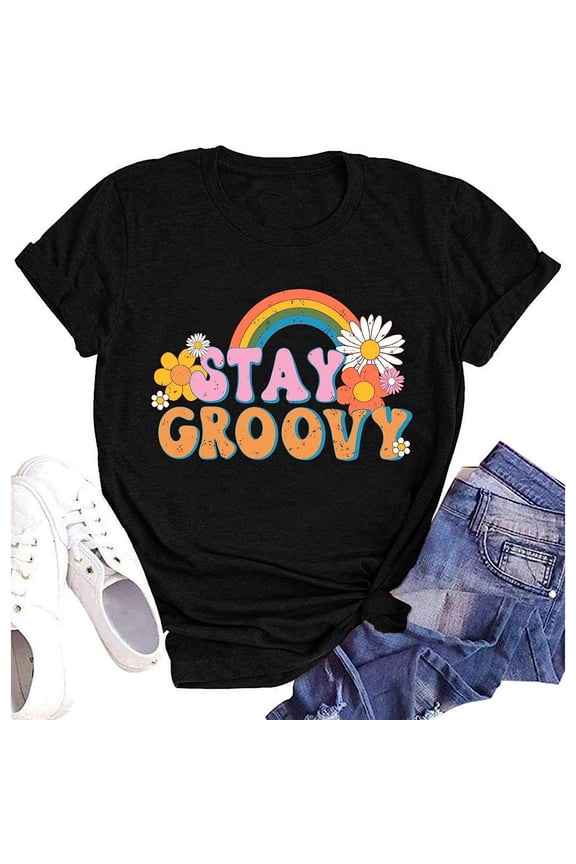 Stay Groovy Shirt for Womens Floral Graphic Retro Shirts Hippie 70s Tee Summer Tee Tops