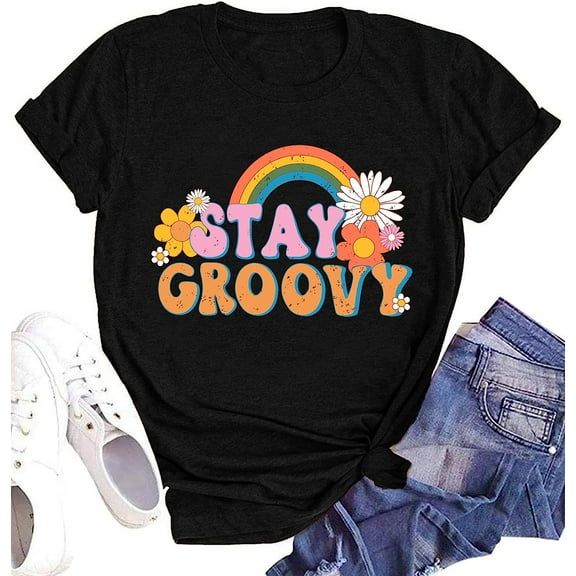 Stay Groovy Shirt for Womens Floral Graphic Retro Shirts Hippie 70s Tee Summer Tee Tops
