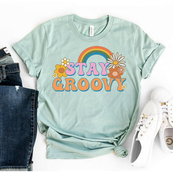 Stay Groovy T-shirt Vintage Hippie Top Rainbow Gift Women's Party Weekend Mom Positive Tee Funky Tshirt