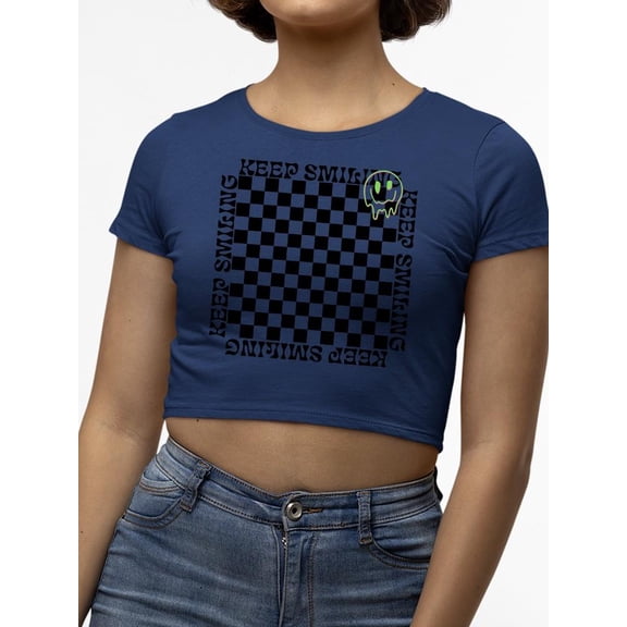 Stay Happy Checkered Graphic Tee Crop Tee Women's