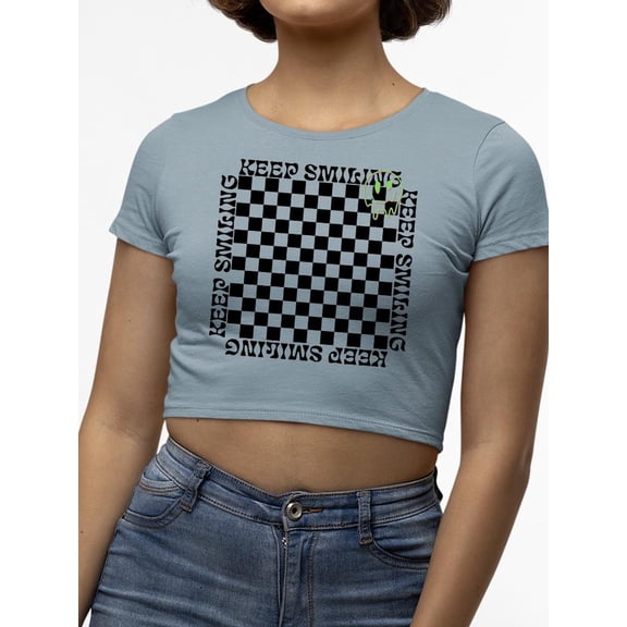 Stay Happy Checkered Graphic Tee Crop Tee Women's