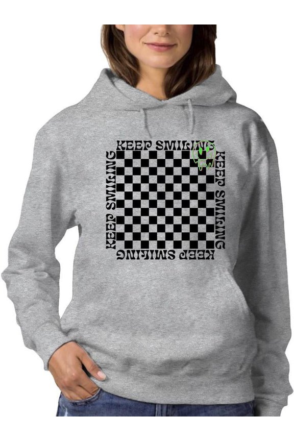 Stay Happy Checkered Graphic Tee Hoodie Women's