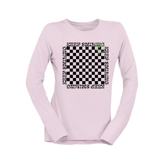Stay Happy Checkered Graphic Tee Long Sleeve Women's