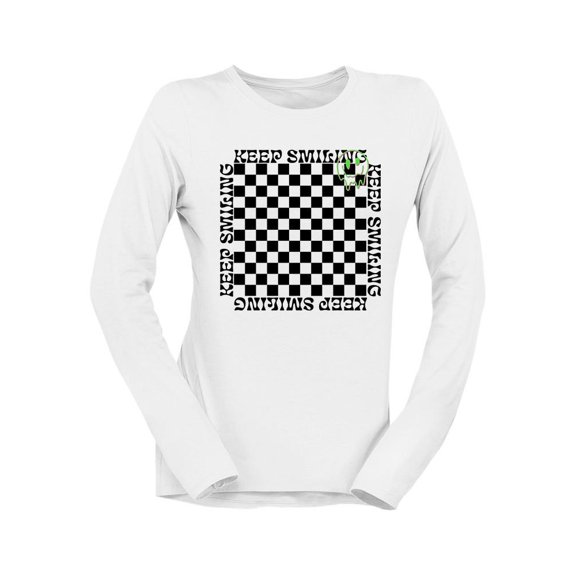 Stay Happy Checkered Graphic Tee Long Sleeve Women's