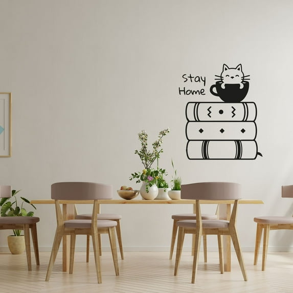 Stay Home - Quote Quote Cute Kitty Cat Books Reading Reader Book Pile Coffee Cup Tea Cup Vinyl Wall Art Sticker Decal Home Library Hobby Activity Décoration Design Wall Décor Decal Size (10x8 inch)