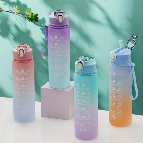 Stay Hydrated & Motivated With This Gradient Color Motivational Water Bottle - Time Marker, Leakproof, Cute Stickers Included !