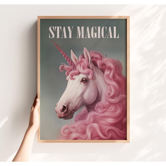 Stay Magical Pink Unicorn Whimsical Nursery Wall Decor, Stretched Canvas 8x10in