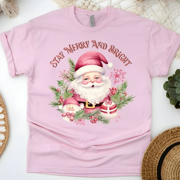 Stay Merry and Bright T-Shirt | Vintage Santa Holiday Graphic Tee, Light Pink, Size M