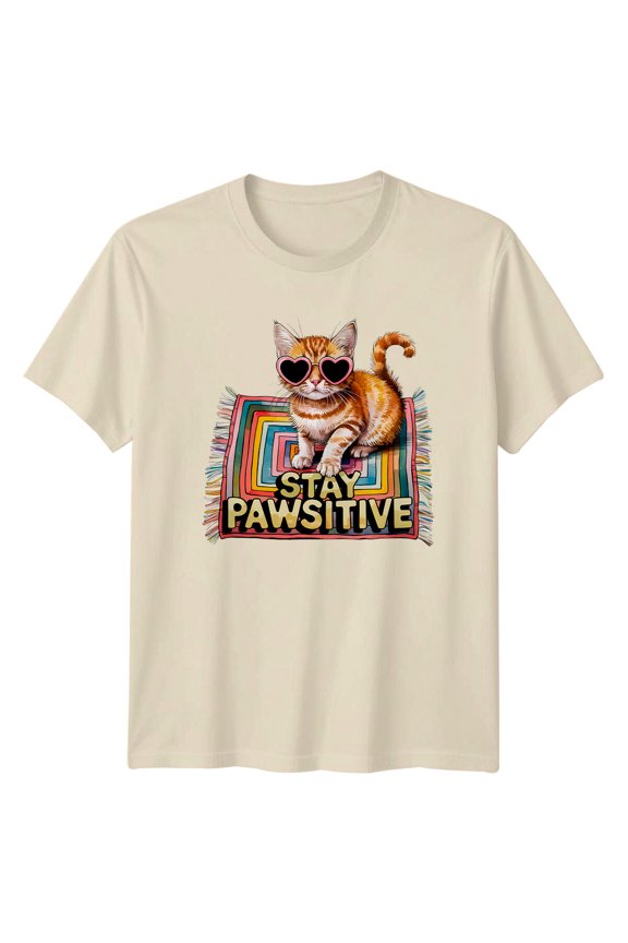 Stay Pawsitive Cat T-Shirt, Kitty Heart Glasses, Animal Pun All Size S-5XL