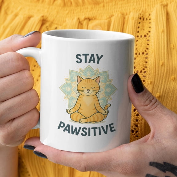 Stay Pawsitive Cat Yoga Mug, Meditating Cat Mandala Design, Zen Feline Mindfulness Coffee Cup, Positive Vibes Yoga Inspired Drinkware Ceramic Mug 11oz