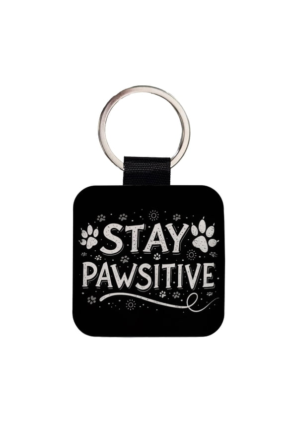 Stay Pawsitive Positive Black White Paw Prints Faux Leather Square Keychain