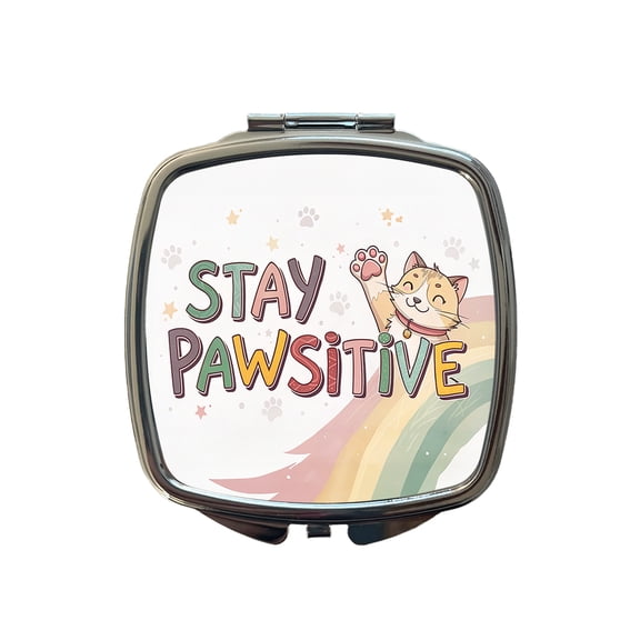 Stay Pawsitive Positive Cat Inspirational Funny Travel Makeup Handbag Purse Small Pocket Compact Mirror