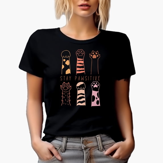 Stay Pawsitive Pun & Different Cute Cat or Dog Paws Art Merch Gift, Black T-Shirt, Medium