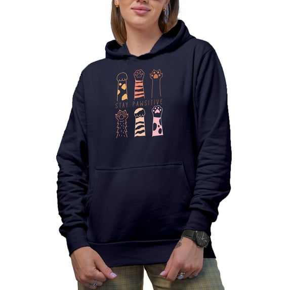 Stay Pawsitive Pun & Different Cute Cat or Dog Paws Art Merch Gift, Navy Blue Hooded Sweatshirt or Hoodie, 3XL