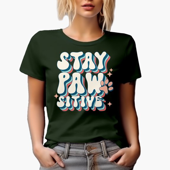Stay Pawsitive Pun, Groovy Text & Dog or Cat Paw Art Merch Gift, Military Green T-Shirt, Small