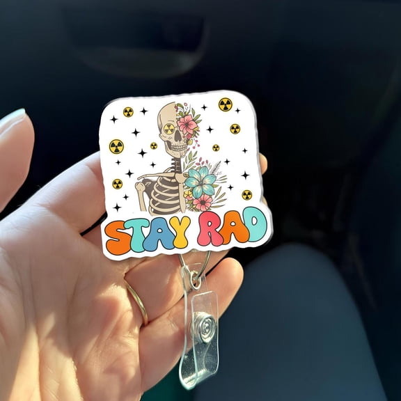 Stay Rad Badge Reel Funny Radiology Tech Gift, X-ray Tech Skeleton Badge, Retro Medical Badge Holder for Healthcare Workers