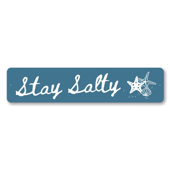 Stay Salty Beach House Starfish Ocean Life Seashells Themed Aluminum Sign Custom Coastal Wall Art Decor with Pre Drilled Holes for Easy Installation 3x13 Inch