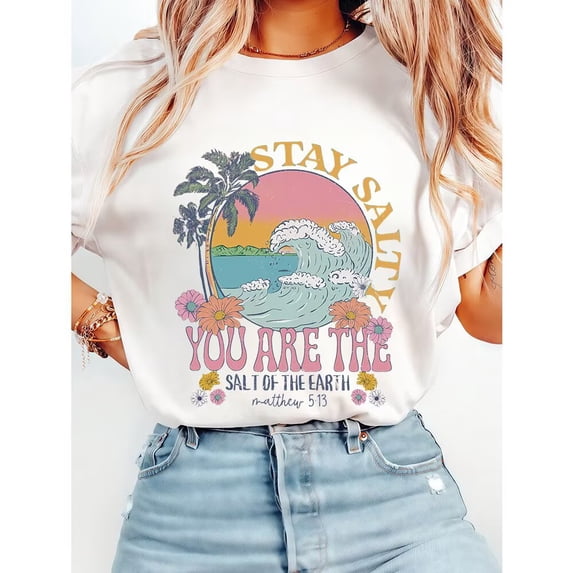 Stay Salty Christian Matthew 5:13 Print Tshirt Bible Verse Graphic Tees Faith Based Casual Short Sleeve Tops Inspirational Cotton Shirts for Daily Outfits White,M