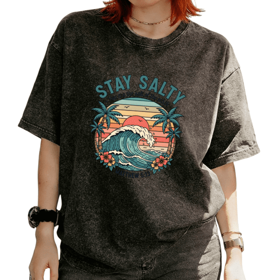 Stay Salty Matthew 5:13 Retro Beach Wave Palm Tree Graphic Tees T-shirt Christian Tops Suitable Black S-2XL Plus Size