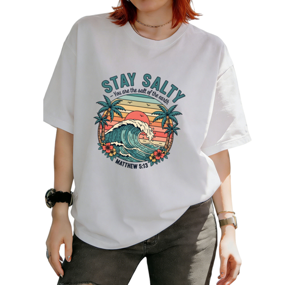 Stay Salty Matthew 5:13 Retro Beach Wave Palm Tree Graphic Tees T-shirt Christian Tops Suitable Short Sleeve White S-5XL