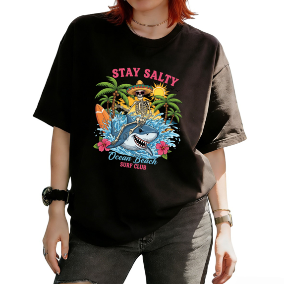 Stay Salty Skeleton Riding Shark Surf Club Graphic Tees T-shirt Retro Beach Tops Short Sleeve Round Neck Black S-5XL