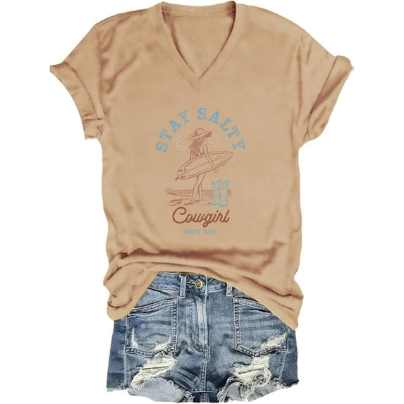 Stay Salty V-Neck T-Shirt Funny Beach Vacation Shirt for Women