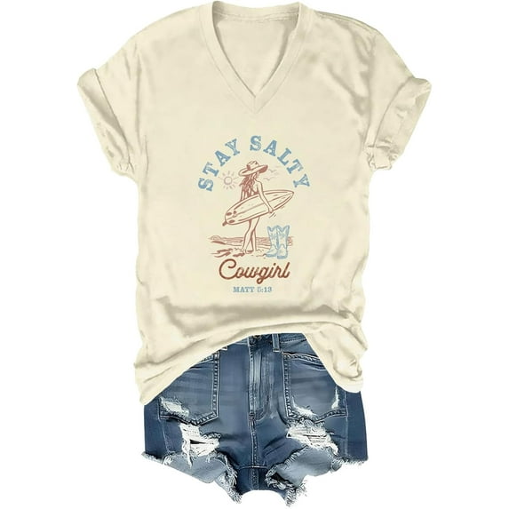 Stay Salty V-Neck T-Shirt Funny Beach Vacation Shirt for Women