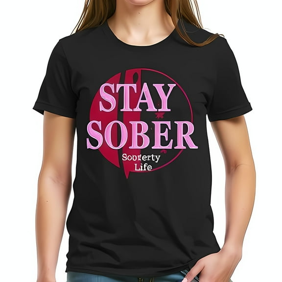 Stay Sober Graphic T-Shirt - Bold Red & Black Circle Design with Pink Text - Soberty Life Casual Tee