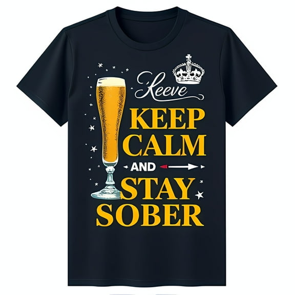 Stay Sober in Style: Black T-Shirt with 'Keep Calm' Graphic & Crown Design
