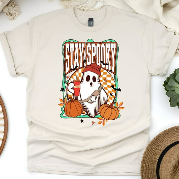 Stay Spooky Ghost Shirt Funny Graphic Tee with Pumpkin and Coffee Print, Natural, Size L