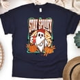 thumbnail image 1 of Stay Spooky Ghost Shirt Funny Graphic Tee with Pumpkin and Coffee Print, Navy, Size M, 1 of 6