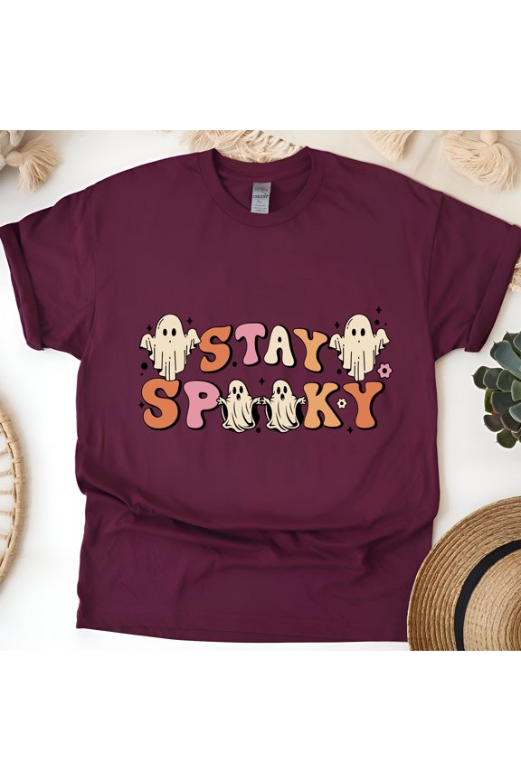 Stay Spooky Graphic T-Shirt | Cute Retro Ghost Print Tee, Maroon, Size XL