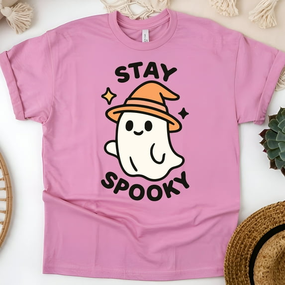 Stay Spooky Graphic Tee Cute Ghost Witch Hat Cartoon Shirt, Azalea, Size M