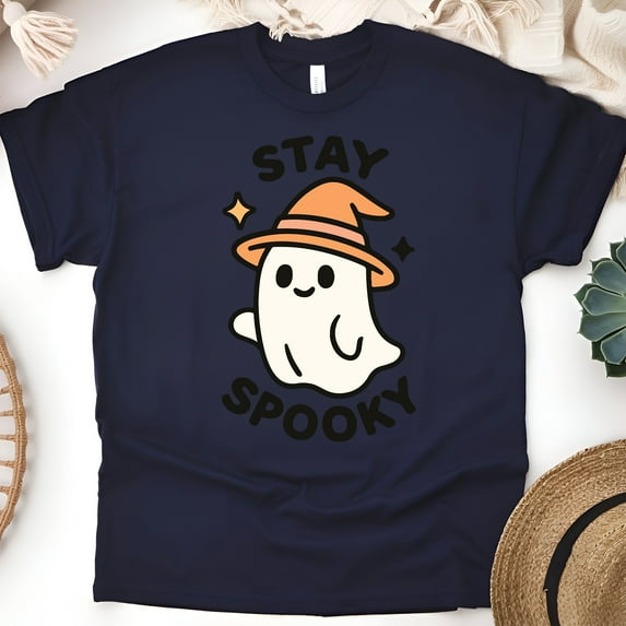 Stay Spooky Graphic Tee Cute Ghost Witch Hat Cartoon Shirt, Navy, Size 3XL