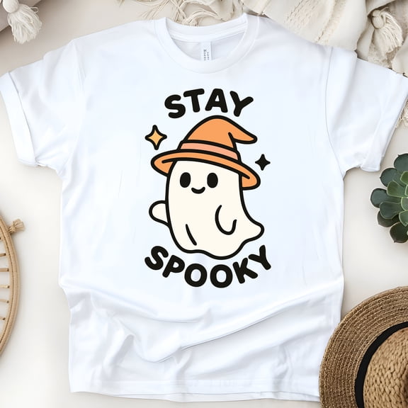 Stay Spooky Graphic Tee Cute Ghost Witch Hat Cartoon Shirt, White, Size XL