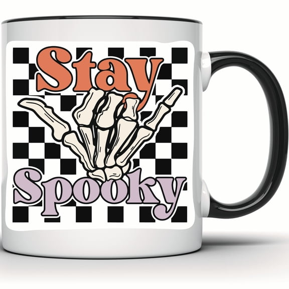 Stay Spooky Halloween Mug - Skeleton Hand Retro Fall Mug - Trendy Checkered Aesthetic Mug - Perfect Halloween Gift - 11 Ounce Black Rim Handle Novelty Coffee Cup - WMUG0423-Black Rim