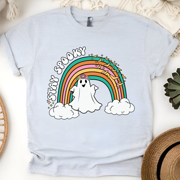 Stay Spooky Rainbow Ghost Shirt | Cute Pastel Halloween T-Shirt, Ash, Size M