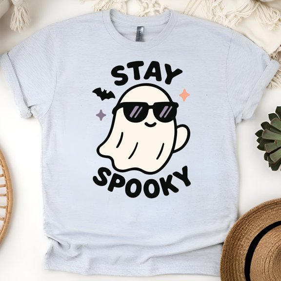 Stay Spooky Shirt | Funny Ghost Graphic Tee with Sunglasses | Unisex Casual T-Shirt, Ash, Size M