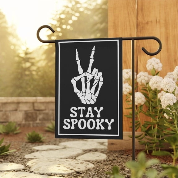 Stay Spooky Skeleton Garden Flag, Fall Garden Flag, Halloween Garden Flag, Funny Skeleton Peace Sign Home Banner, Halloween Lawn Flag, Yard House Flag