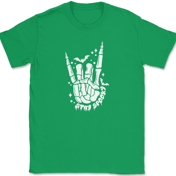 Stay Spooky T-Shirt Funny Halloween Skeleton Rock Hand Graphic Gift Tee - Green, XL