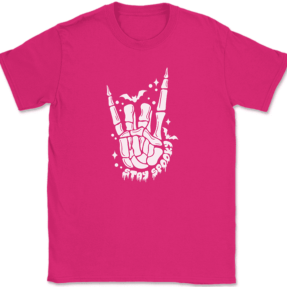 Stay Spooky T-Shirt Funny Halloween Skeleton Rock Hand Graphic Gift Tee - Pink, S