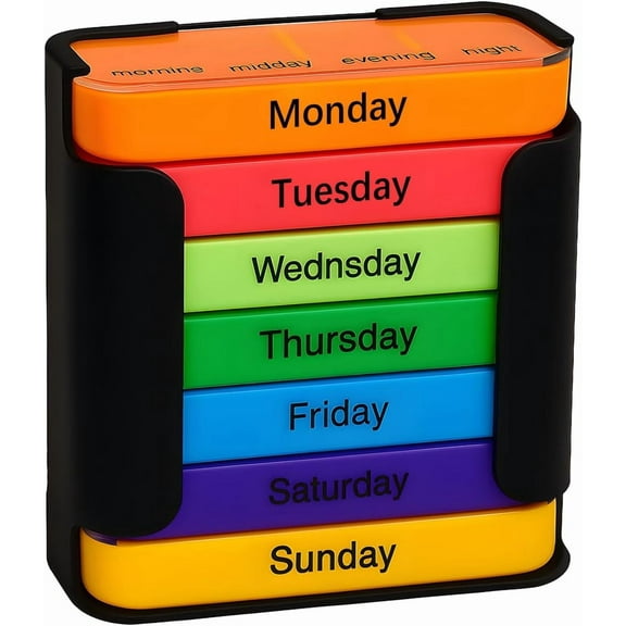 Stay on Track - 7-Day Medication Organizer, Weekly Pill Organizer, 7 Stackable Compartments Four Times-a-Day - Morning, Noon, Evening, and Bedtime (Black)