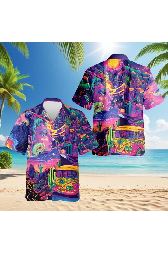 Stay Trippy Hippie Bus Hawaiian Shirt for Men, Button Down Summer Beach Short Sleeve, Tropical Style, S-5XL