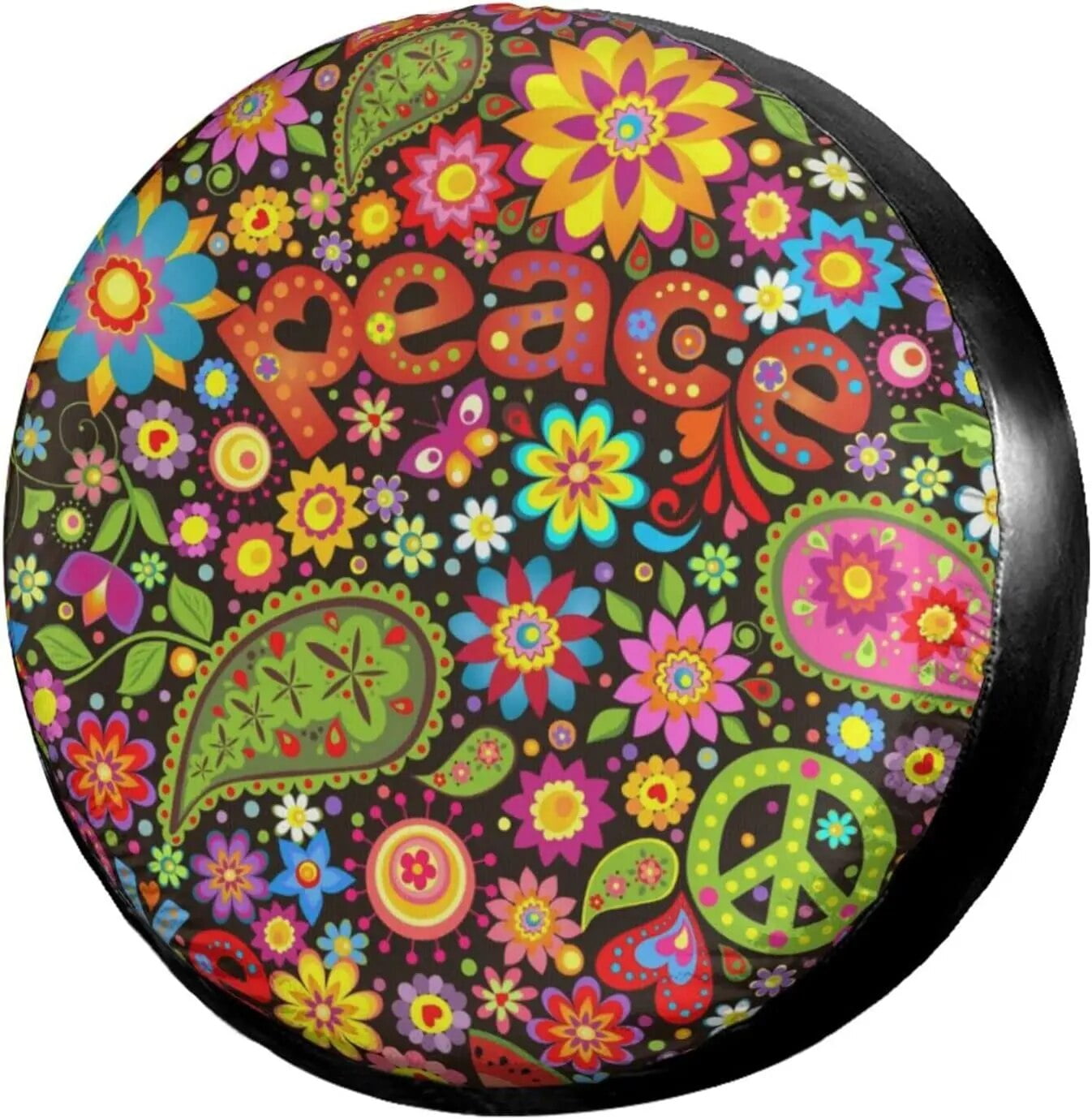 Stay Trippy Little Hippie Floral Peace Sign Spare Tire Cover For Car